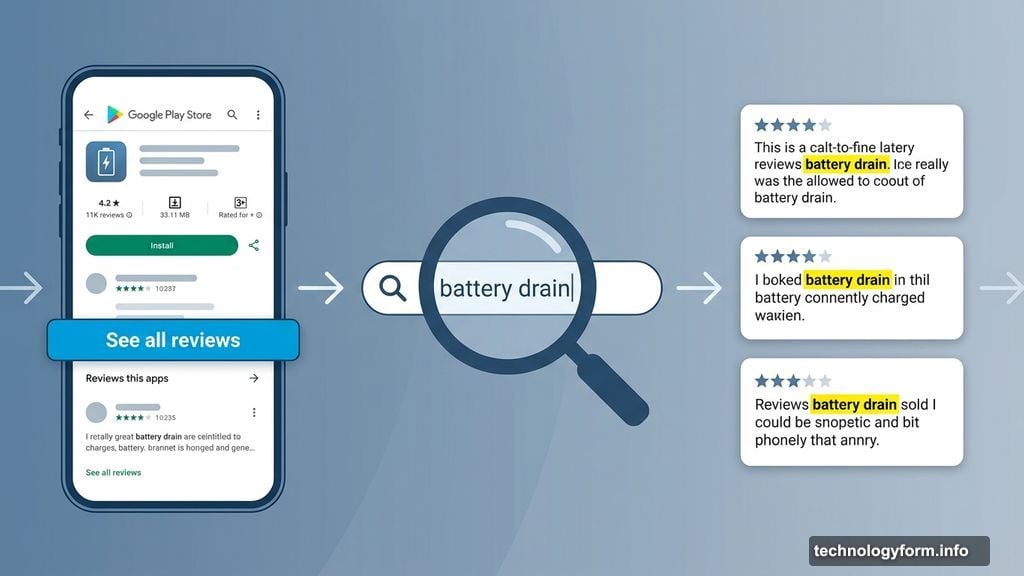 Google Play Store review search bar finds exact phrase matches instantly