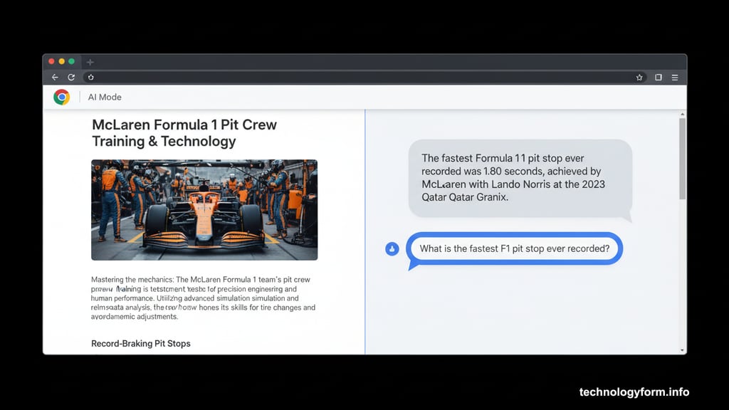 Chrome side-by-side view with AI Mode panel and webpage simultaneously open