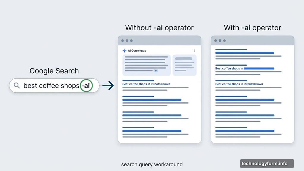 Adding minus ai operator to search queries removes AI Overviews results