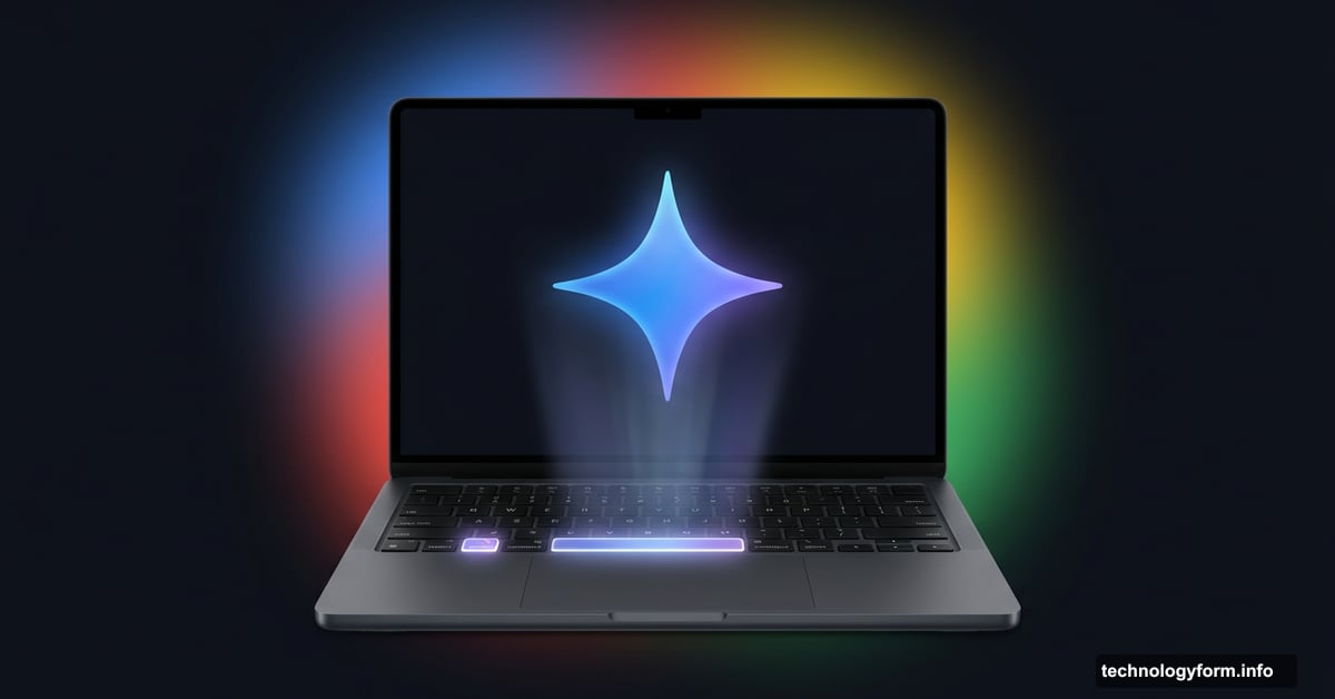 Gemini AI logo glowing above a MacBook with highlighted keyboard shortcut
