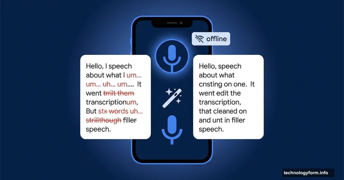 Smartphone mic icon transforms messy speech into clean polished text