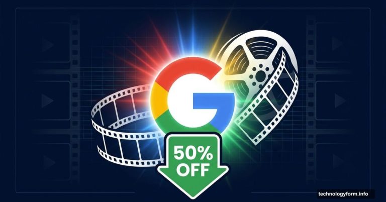 Google logo with video reel and bold 50% price cut badge