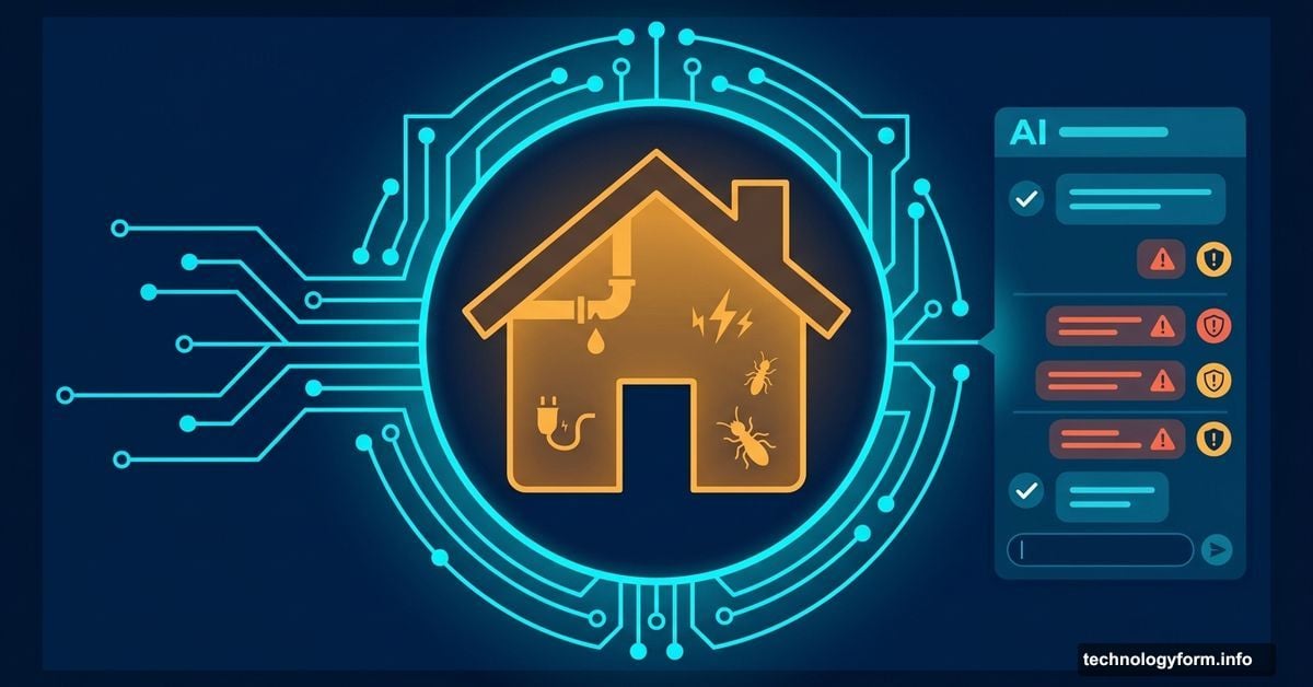 AI interface glowing around protected house silhouette detecting hidden problems