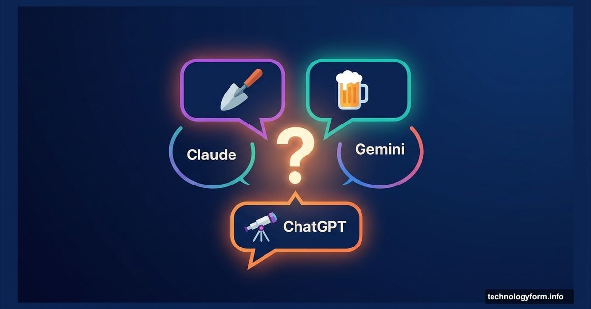 Three AI logos surrounding a glowing question mark with hobby icons