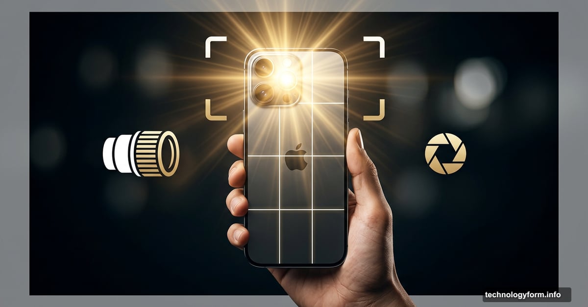 Pro photographer holding glowing iPhone with camera composition grid overlay