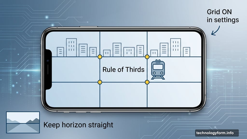 Rule of thirds grid with train aligned on right vertical grid line