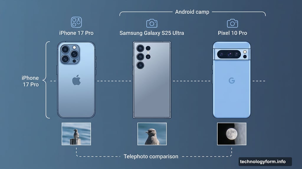 iPhone 17 Pro, Samsung Galaxy S25 Ultra, and Pixel 10 Pro telephoto comparison