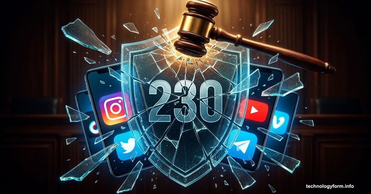 Judge's gavel shattering a Section 230 legal shield revealing social media icons