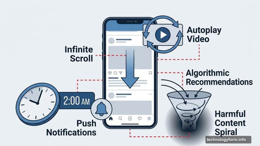 Infinite scroll autoplay and push notifications labeled defective platform design