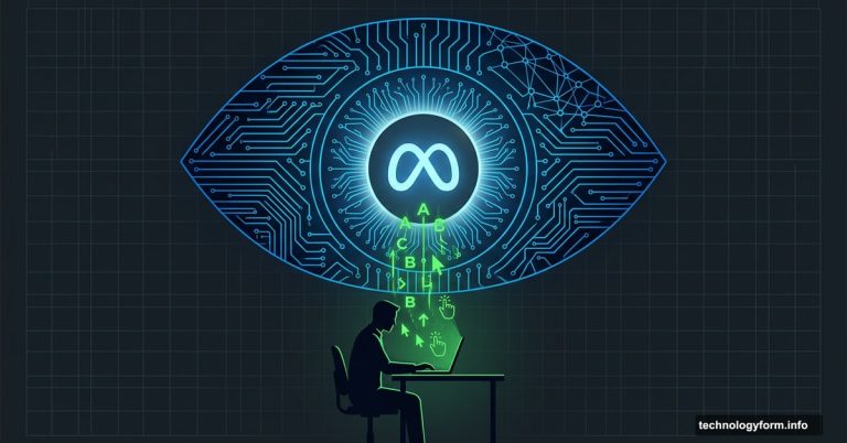 Giant Meta eye surveilling employee laptop collecting keystroke data