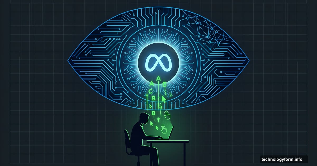 Giant Meta eye surveilling employee laptop collecting keystroke data