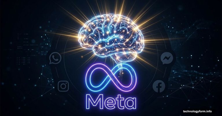 Meta's glowing logo evolving into a superintelligent AI brain