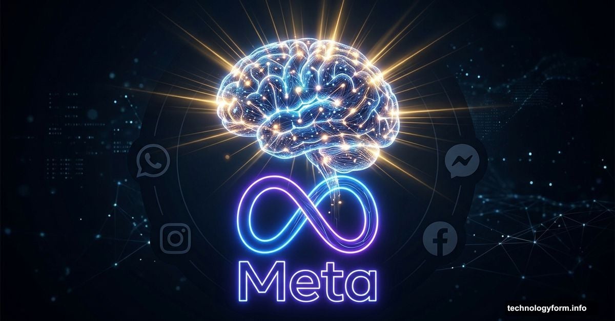 Meta's glowing logo evolving into a superintelligent AI brain