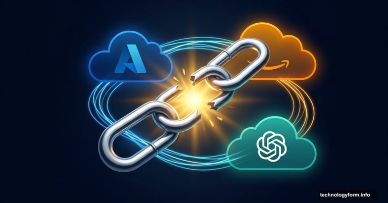 Broken chain link between Microsoft Azure and AWS cloud logos