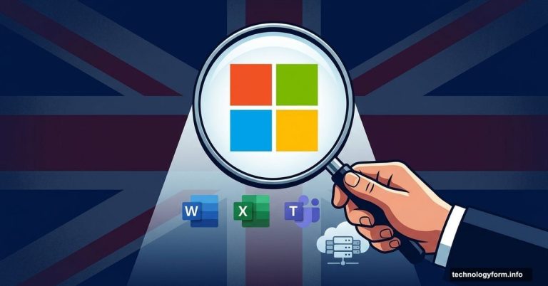 Magnifying glass scrutinizing Microsoft logo under UK regulatory investigation