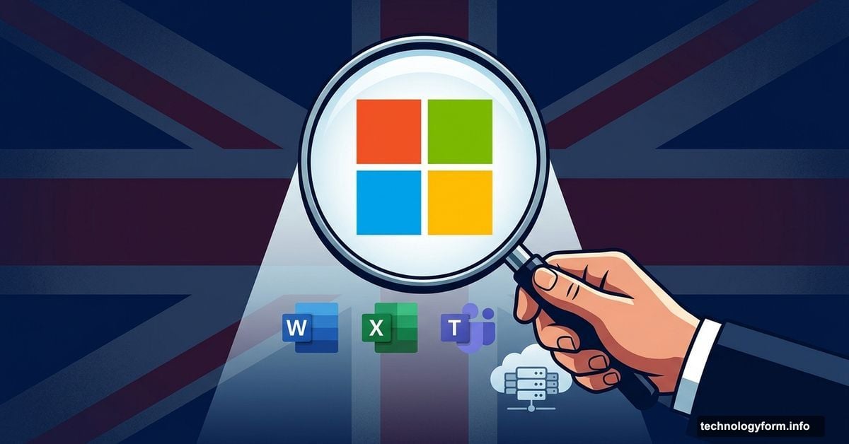 Magnifying glass scrutinizing Microsoft logo under UK regulatory investigation