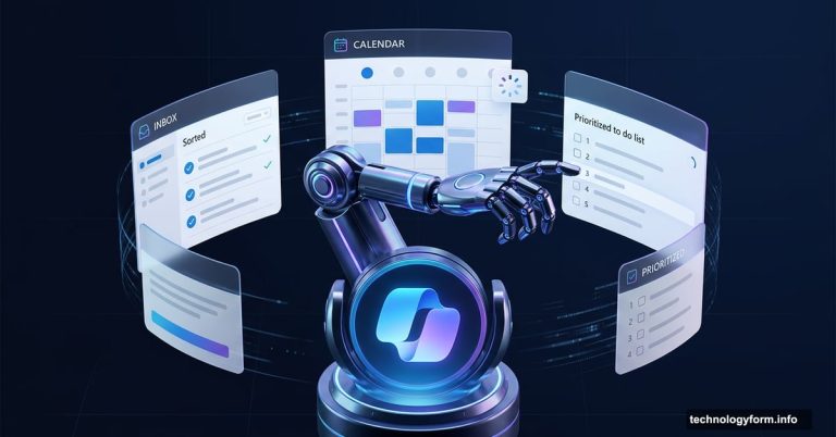 Microsoft Copilot AI robot arm autonomously managing emails, calendar, and tasks