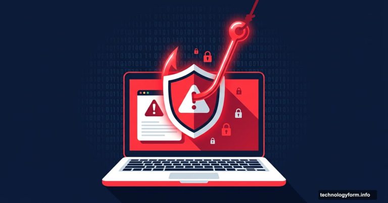 Phishing hook piercing laptop screen with cybersecurity warning shield