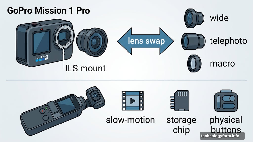 GoPro Mission 1 Pro ILS features interchangeable lens mount alongside DJI Osmo Pocket 4
