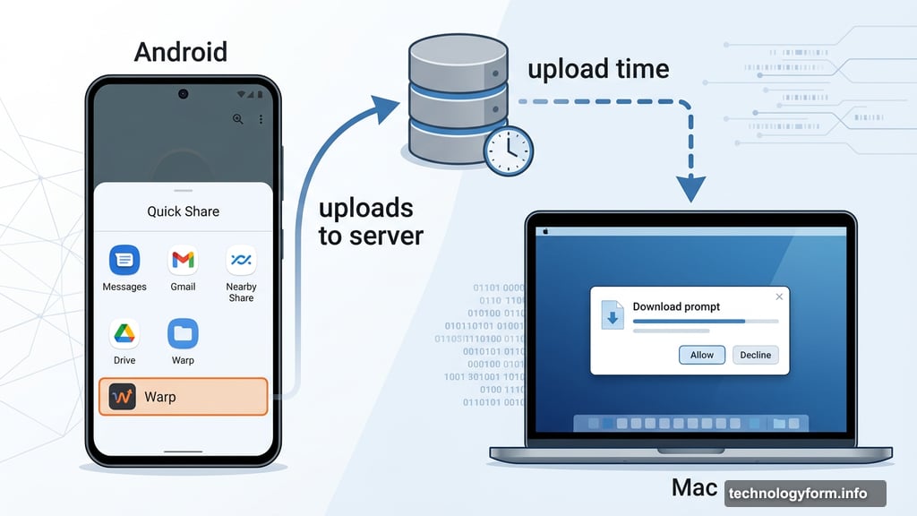 Warp app uploads files through server before sending download prompt