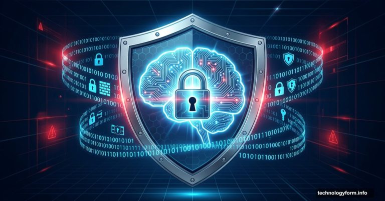 Glowing AI brain locked inside a cybersecurity shield symbol