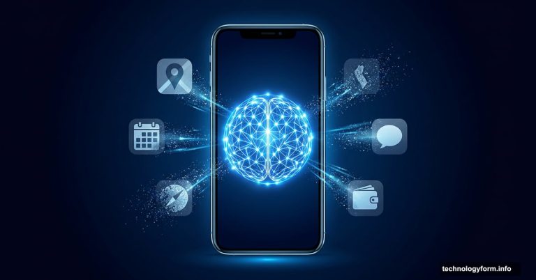 Futuristic smartphone replacing apps with a glowing AI brain