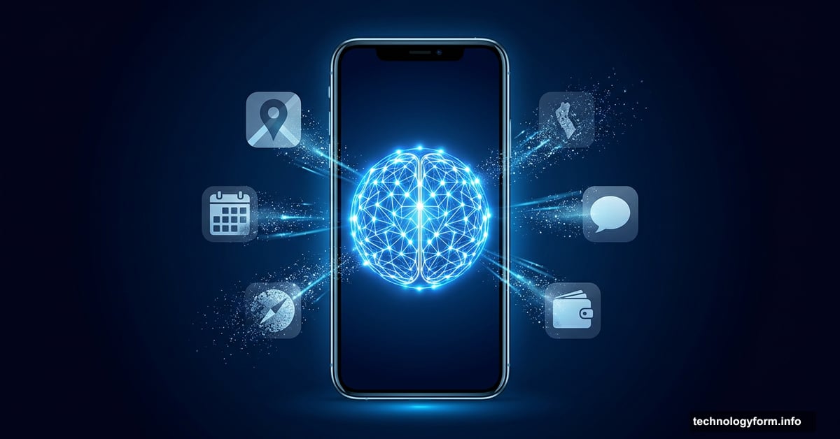 Futuristic smartphone replacing apps with a glowing AI brain