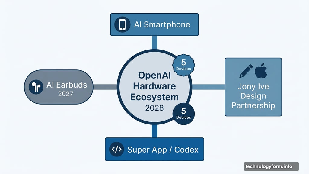 OpenAI five-device ecosystem including AI earbuds and Jony Ive partnership