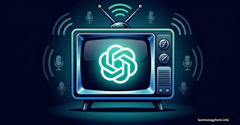 OpenAI logo displayed on a glowing TV screen representing media acquisition