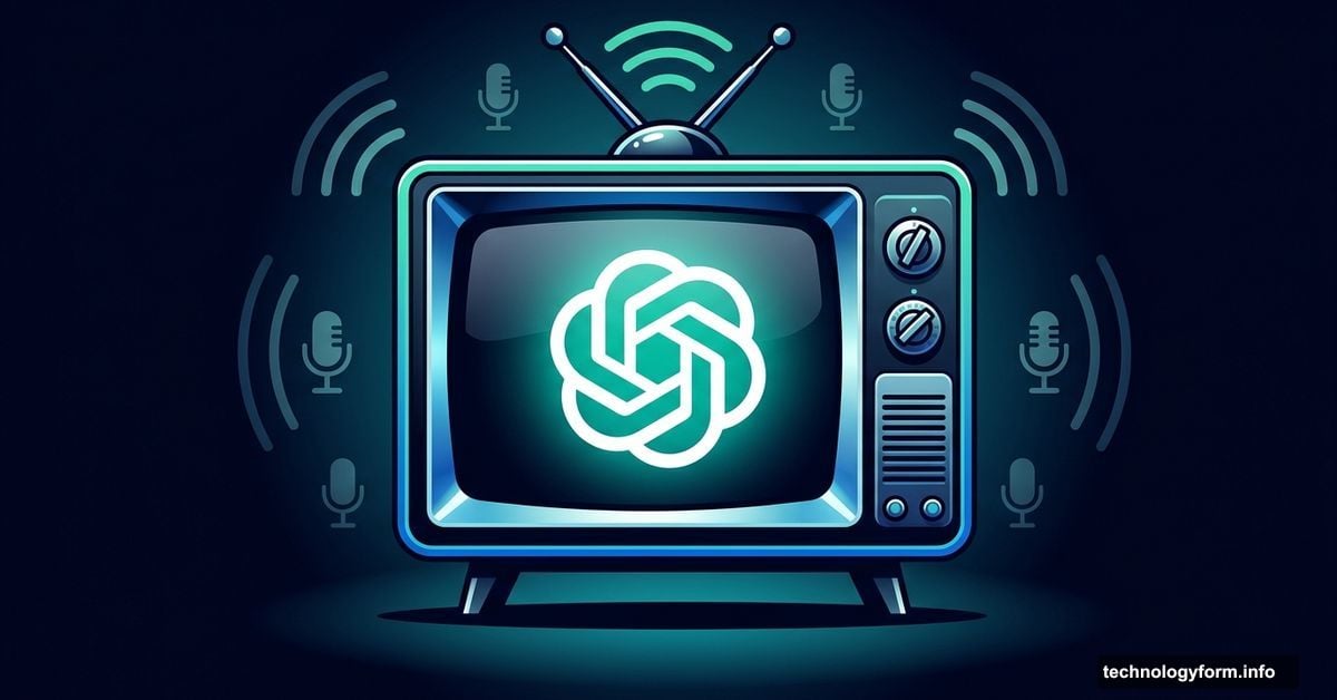 OpenAI logo displayed on a glowing TV screen representing media acquisition