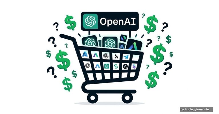 OpenAI shopping cart overflowing with AI startup logos and dollar signs