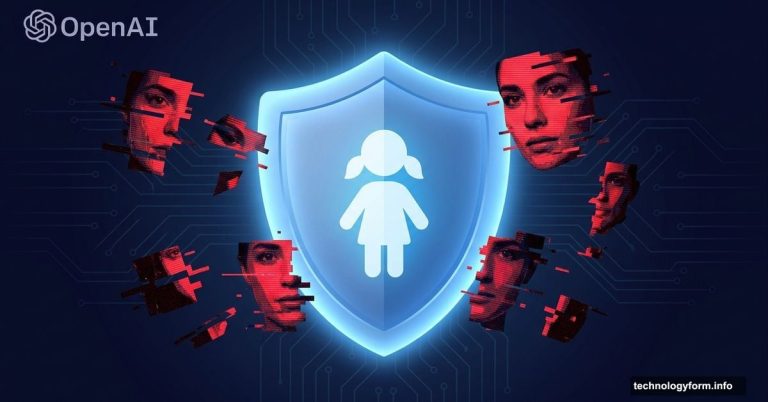 Protective shield guarding child silhouette from AI deepfake threats