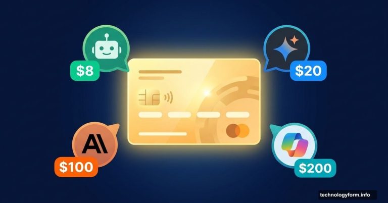 Credit card surrounded by AI chatbot bubbles with varying price tags
