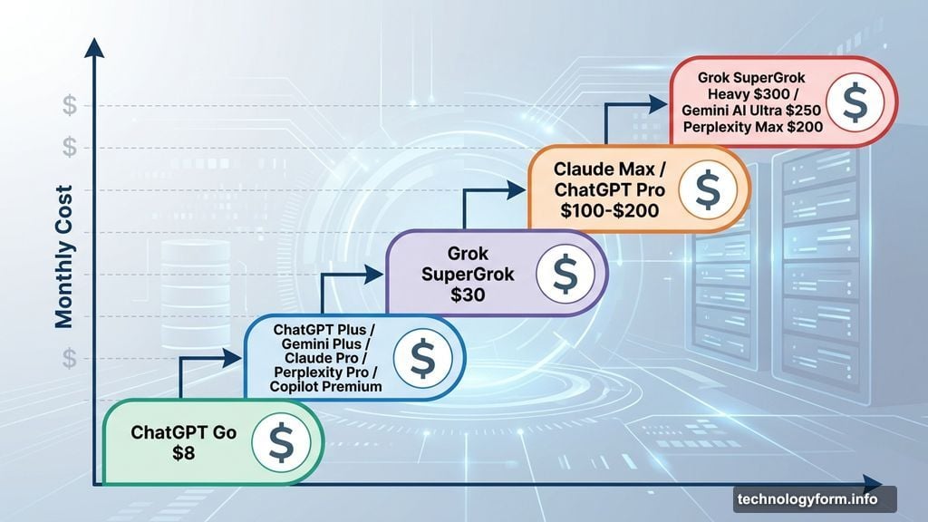 Paid AI chatbot subscription tiers compared from eight to three hundred dollars