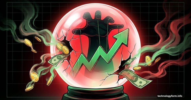 Cracked crystal ball with fake market chart manipulated by hidden hands