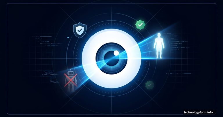Glowing biometric orb scanning and verifying human identity against AI bots