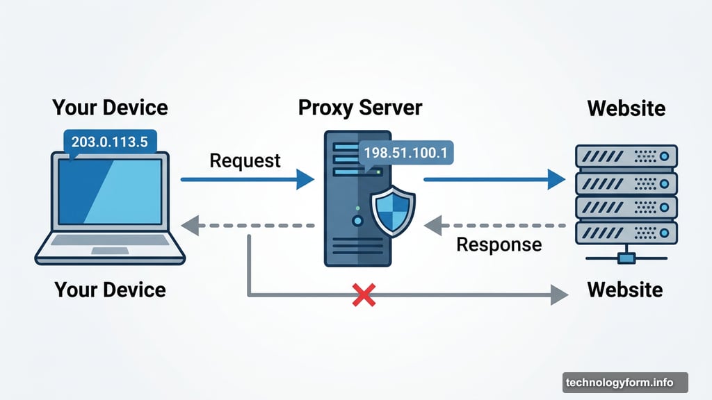 Proxy server routes traffic hiding user real IP address from website