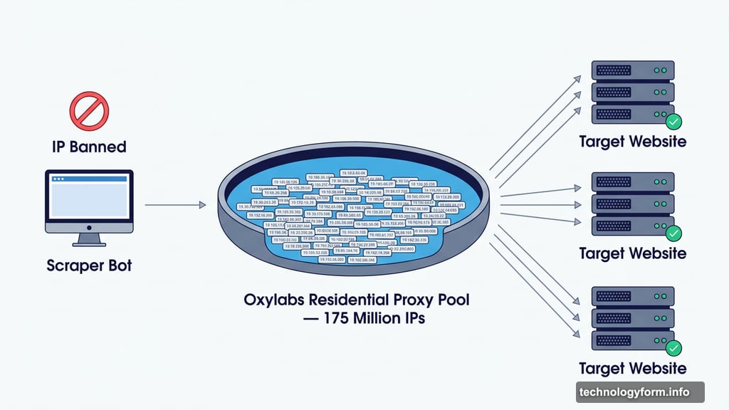 Oxylabs residential proxy pool with 175 million IPs bypasses IP bans