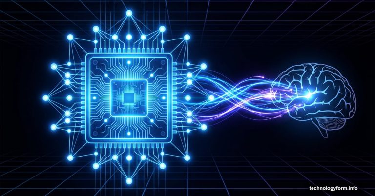 Glowing quantum computer chip powering an AI neural network brain
