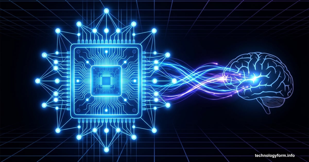 Glowing quantum computer chip powering an AI neural network brain