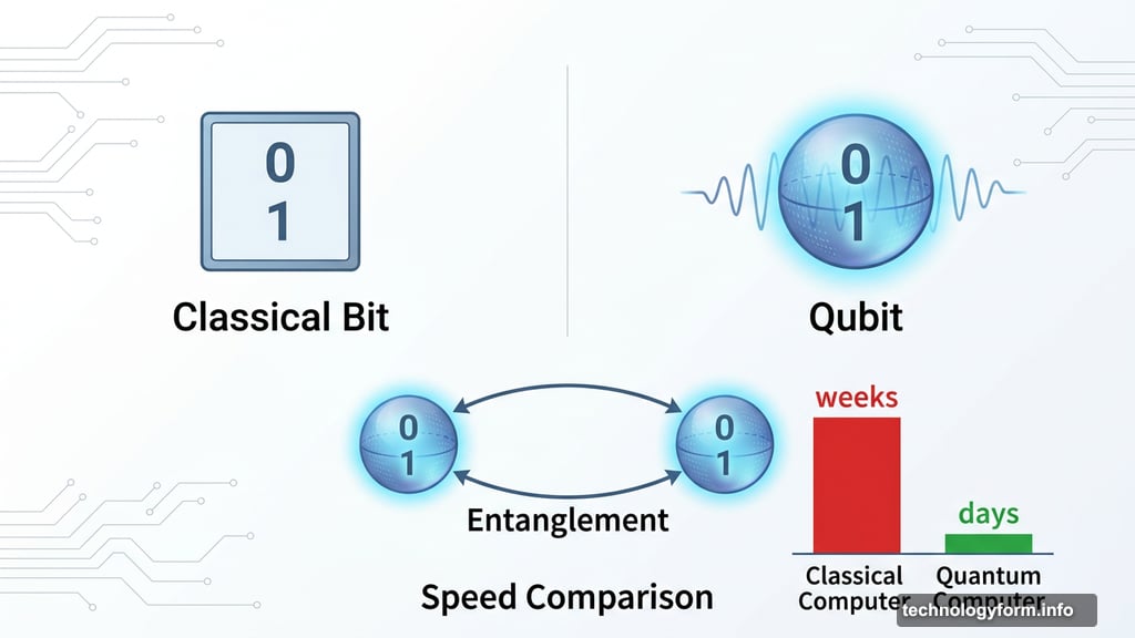 Qubits use superposition and entanglement unlike classical bits