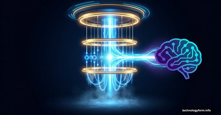 Quantum computer glowing energy beams powering an AI neural brain