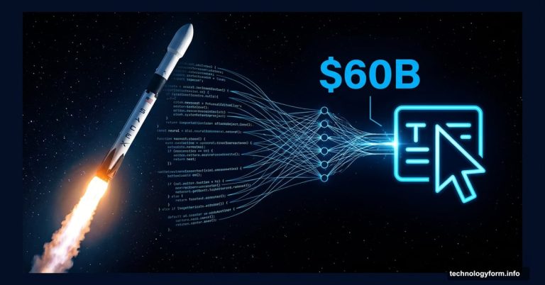 SpaceX rocket merging with AI coding cursor icon, $60 billion deal
