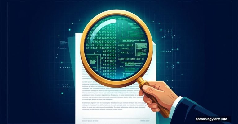 Magnifying glass exposing hidden AI-generated text beneath normal writing