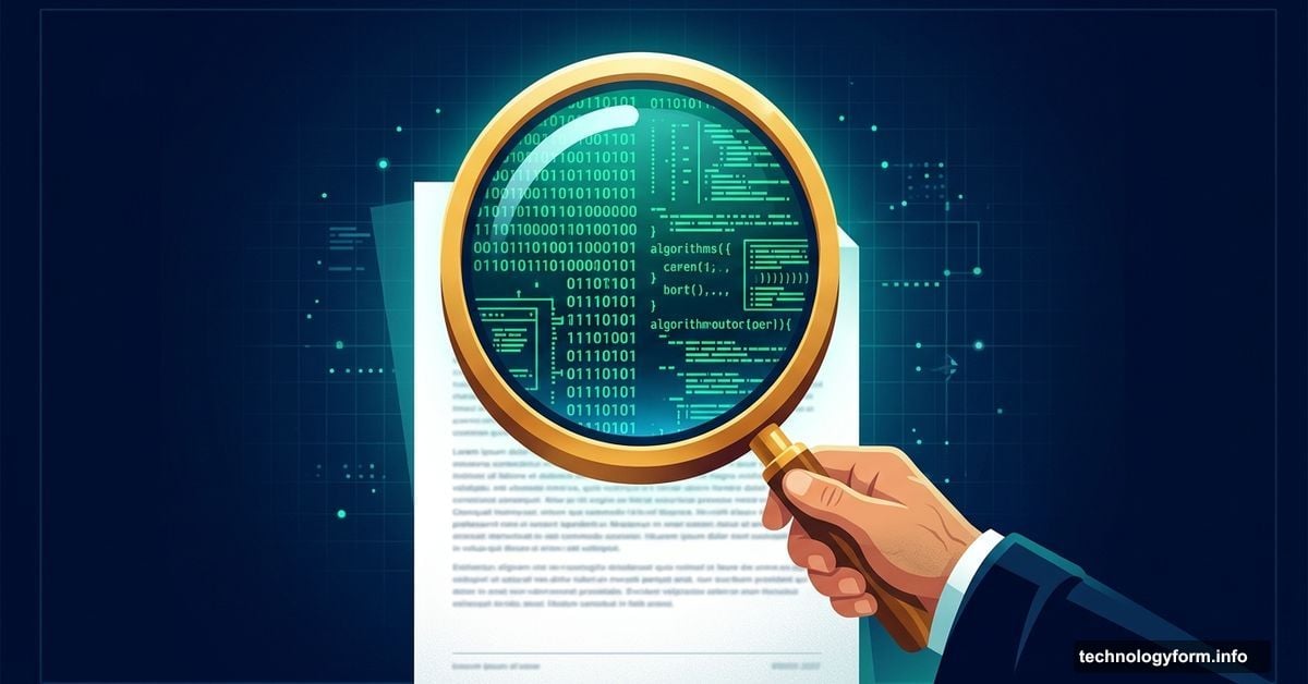 Magnifying glass exposing hidden AI-generated text beneath normal writing