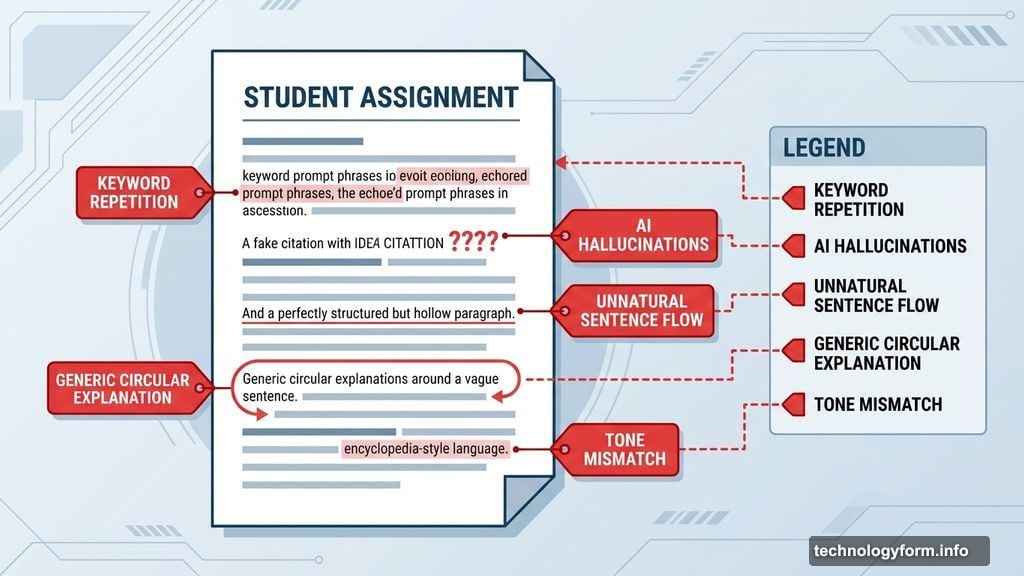 Five warning signs identifying AI-generated text in student assignments