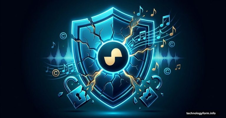 Cracked security shield with musical notes escaping, symbolizing bypassed copyright filters