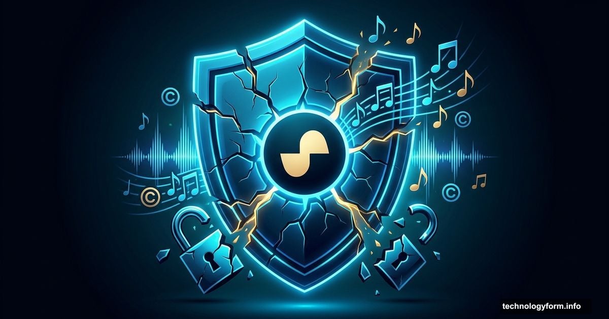 Cracked security shield with musical notes escaping, symbolizing bypassed copyright filters