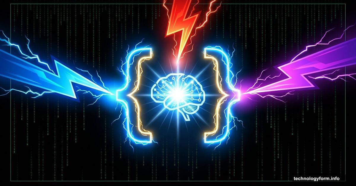 Glowing code bracket with AI giants competing in epic tech battle