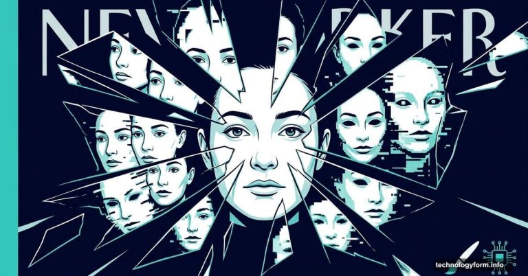 Human face fracturing into uncanny AI-generated duplicate faces